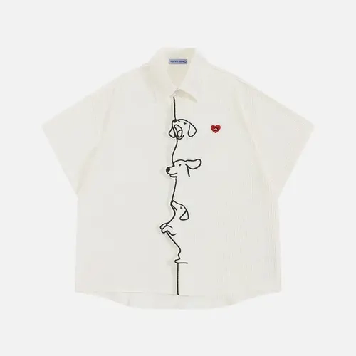 Aelfric Eden Boxy Dachshund Embroidery Short Sleeve Shirt Playful Dachshund Line Embroidery Waffle Fabric Classic Point Collar Unisex Retro Casual Summer Top