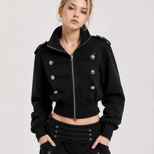 Aelfric Eden Napoleon Zip Up Jacket Napoleon Military Style Double-Breasted Metal Buttons Stand Collar Cropped Silhouette Structured Knit Fabric Y2K Women Edgy Outerwear