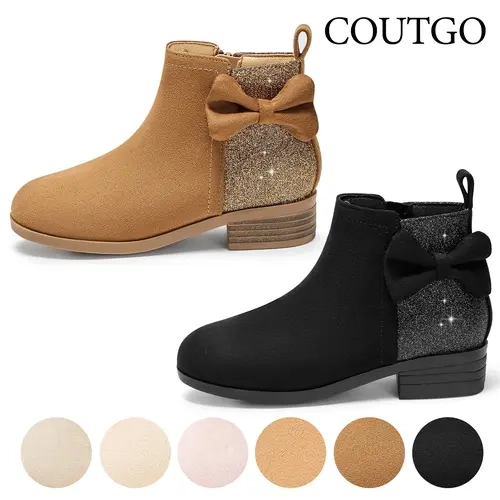 Coutgo Girls' Round Toe Synthetic Suede Booties - Plain Design, Bow Accent, Glitter Detailing, Side Zipper, Low Heel, Glamour All-Season Dress Footwear