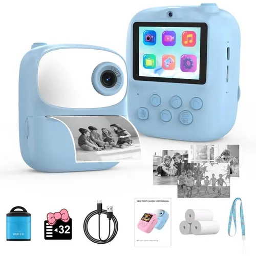 PEICHENG Durable Portable Plastic Body Playful Instant Camera (Blue) for Boys - 12MP Digital Selfie, 1080P Rechargeable, Print Function, 3 Paper Rolls, 32GB TF Card, Slot, USB Cable, Ideal Birthday Gift for 3-12 Yrs [TikTok Shop Back to School]