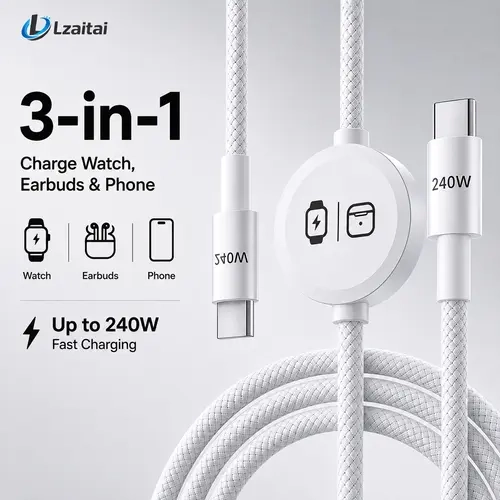 240W 3-in-1 5FT USB-C to USB-C Cable with Built-In Apple Watch Charger, Braided Travel Charging Cord, Compatible with Apple Watch Series/SE/Ultra, AirPods 3/4/Pro/Pro 2, iPhone, iPad, MacBook and Samsung, Devices