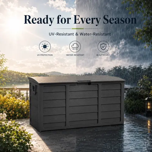INTERGREAT 75 Gallon Outdoor Storage Deck Box, Lockable Resin Patio Box with Handles, Black