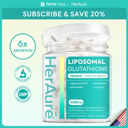 HerAuré Liposomal Glutathione 1355mg - Glutathione Supplement with Resveratrol, NAD+, Vitamin C & Astaxanthin - Ultra-High Absorption for Healthy Skin, Oxidative Stress Defense, Immune Support, Daily Energy & Liver Detox Support womenshealth antiaging