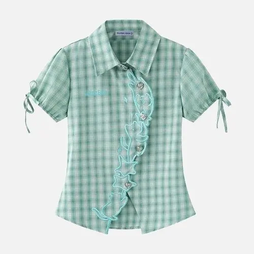 Aelfric Eden Plaid Cat Short Sleeve Shirt Cat Embroidery Placket Tie Puff Sleeves Waist-Cinching Silhouette Breathable Lightweight Fabric Sweet Girly Summer Top