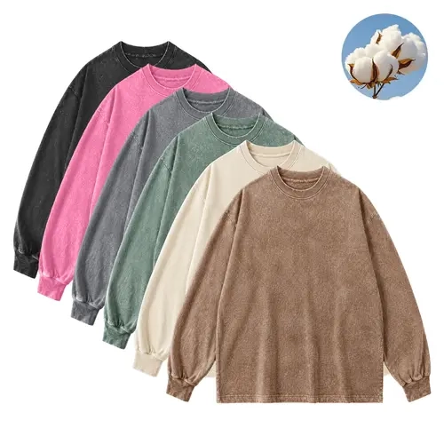 Men's Pure Cotton Long-Sleeve Crewneck T-Shirts - Stylish Classic Autumn/Winter Tops, Plain Casual Washed Distressed Look, Athletic Design, Unisex Fit, Back-to-School Essential, 1/2/3-Piece Options