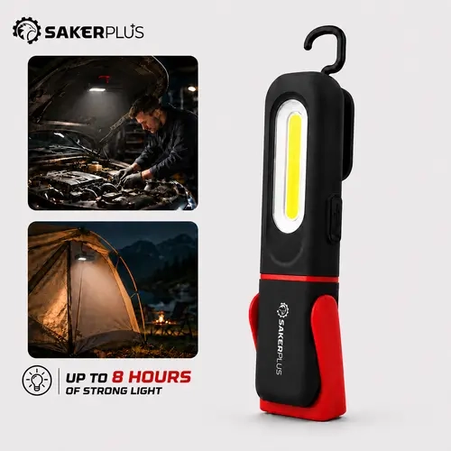 SAKERPLUS Rechargeable Work Light, 1500LM COB LED Magnetic Mechanic Light with 360° Swivel Hook, 180° Adjustable Stand, Flashlight Mode, USB-C Charging, IP54 Water-Resistant for Car Repair, Garage & Camping
