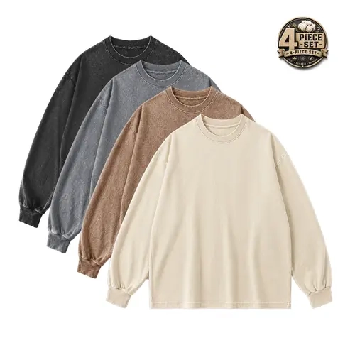 4-piece set of men’s and women’s long-sleeve crewneck sports T-shirts, acid-wash distressed base layer, 100% pure cotton, suitable for all seasons, back-to-school gift