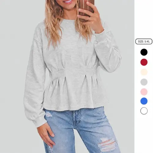 Imily Bela Women's Basic Long Sleeve Sweatshirt Cinched Waist Crewneck Casual Sweatshirt Flattering Pullover Top