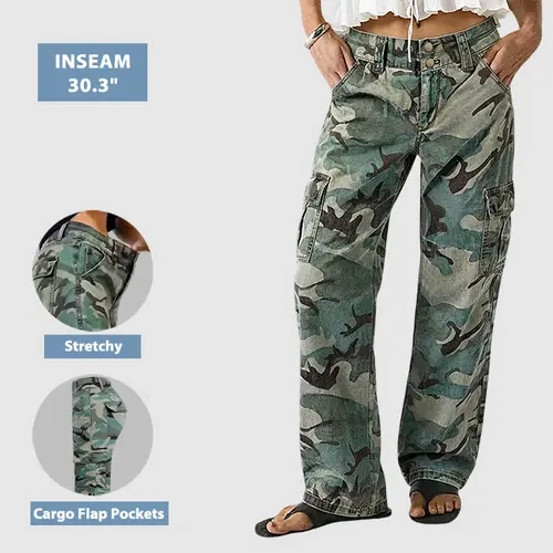 Flamingals Camo Print Flap Pocket Mid Waist Straight Leg Cargo Pants Stretchy 30.3'' Inseam