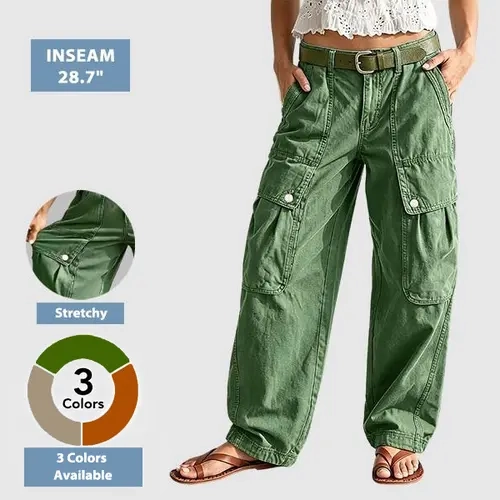 Flamingals Solid Flap Pocket Mid Rise Wide Leg Cargo Pants Without Belt Womenswear Stretchy 30.3" Inseam