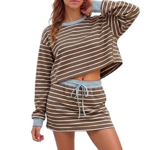 Fisoew Women's Fashion 2-Piece Casual Striped Knit Loungewear Set - Loose Oversized Lightweight Crew Neck Long-Sleeve Sweatshirt Top, Adjustable Drawstring Ribbed Elastic-Waist Short Skirt with Comfortable Fabric & Flattering Fit