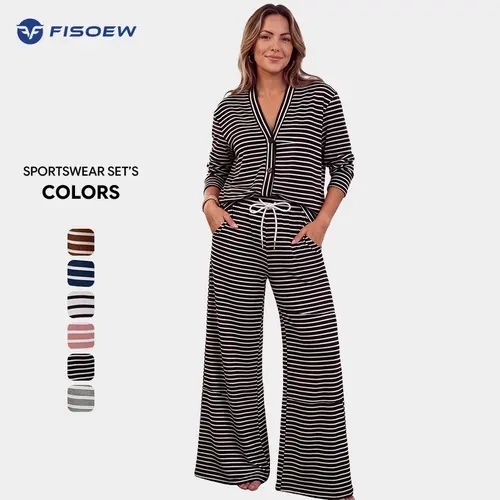 Fisoew Women's 2-piece lounge set, Cozy Casual Sleepwear - V-Neck Button-Up Long Sleeve Striped Cardigan, High Waist Wide Leg Elastic Adjustable Drawstring Loose Fit Pants with Pockets for Travel, Airport