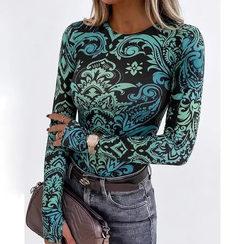 CHICME Women's Vintage Print Long Sleeve Top Slim Fit Crewneck Tee Retro Stretchy Base Layer Shirt with Thumb Holes