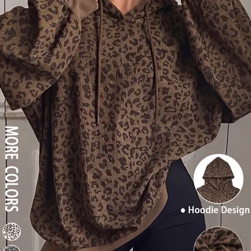 Women's Casual Leopard Print Corduroy Hoodie Sweatshirt, Loose Fit Baggy Long Sleeve Pullover, Fall & Winter Fashion, Comfortable Daily Wear