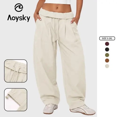 Aoysky Women's High Waist Lightweight Elastic Colorblock Fold-Over Wide-Leg Cargo Overall Pants - Polyester Blend Diagonal Twill, Adjustable Drawstring Waist, Loose-Fit, Machine Wash Safe, Full Length Streetwear Bottoms