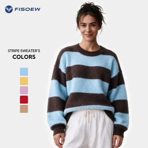 Fisoew Retro Color Block Stripe Sweater Pullover - Lightweight Soft Fuzzy Knit , Oversized Crew Neck, Balloon Long Sleeves, Loose Fit Casual Fall Winter Layering