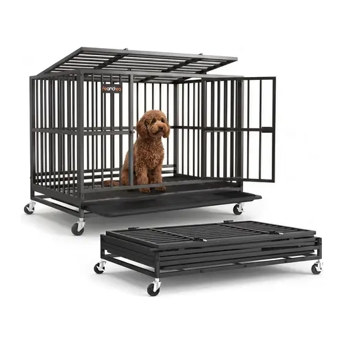 Feandrea Sturdy Durable Heavy-Duty Metal Frame Dog Crate, Portable Kennel Cage - 5-Minute Quick Assembly, Foldable, Lockable Wheels, Double Doors, Escape-Proof Fixed Bottom, Removable Tray, Easy Cleaning