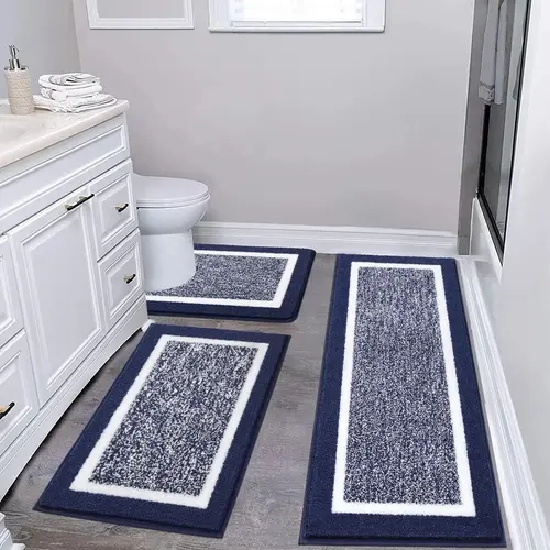 Bule Bathroom Rugs Set 3 Piece Non Slip Washable, Plush Absorbent Microfiber Bath Mat Shower Rug Runner Quick Dry, Super Soft U Shaped Toilet Mats Floor Carpet