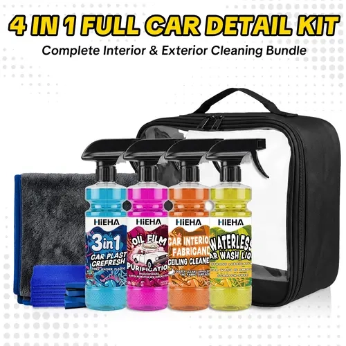 HiEHA 14-Pieces All-in-1 Car Washing Kit, Portable Pack with Plastic Tire Restorer, Windshield Oil Film Remover, Deep Interior Cleaner, Microfiber Towels, Cleaning Sponges & Pre-Assembled Bag for Car Interior-Exterior Care