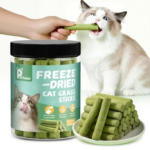 Petrivium 100g Freeze-Dried Natural Dry Stick-Shape Feline Grass Cat Treats - Universal Dental Care Chew, Oral Health Supply, Hairball Aid for Indoor Kittens