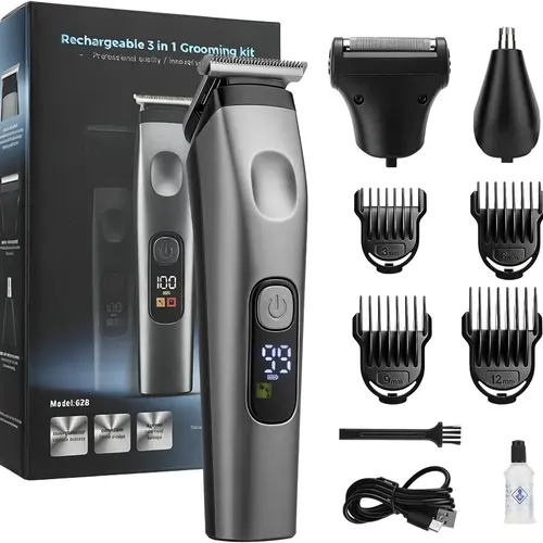 Beard Trimmer for Men, 3-in-1 Cordless Mens Beard Trimmer Kit with 3/6/9/12mm Guide Combs, USB Rechargeable Electric Beard Trimmer for Mustache/Face/Nose/Body