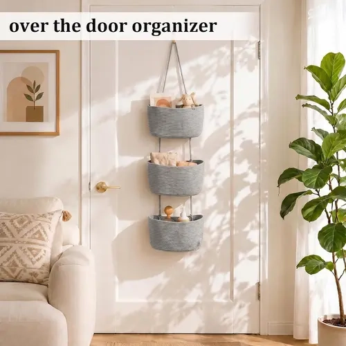 3-Tier French Country Jute Weave Trapezoidal Over-The-Door Hanging Organizer - 14 in Wall-Mounted Shelf Storage Basket for Toiletries, Baby Supplies in Bathroom/Nursery Home Organization Solution, boo baskets for my gf, house organizers