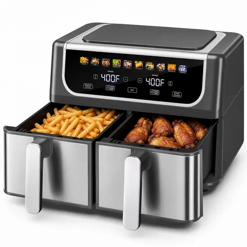 9QT Dual Basket Digital Double Zone Air Fryer - 10-in-1 Smart Digital Cooker, Adjustable Temperature, 2 Independent Nonstick Baskets with Easy View Windows, Sync Finish & Hi-Fry Functions, 200°F-450°F Range Kitchen Appliance