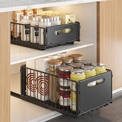Pull Out Cabinet Organizer, Foldable Carbon Steel Sliding Basket, Heavy Duty No-Drill Kitchen Cabinet Organizer, Space Saving Storage for Pantry & Under Sink