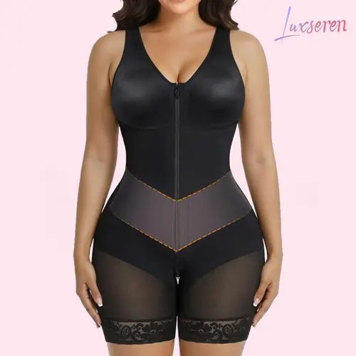 LUXSEREN Women's Underwear Compression V-Neck Faja Body Shaper Bodysuit - Colombian Cinturilla Shapewear, Front Zipper, Lace Trim, Anti-Slip Legs, Contour Cut, Breathable Stretch Polyamide Mix for Everyday Wear, Abdominal Control