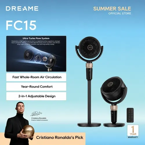 Dreame FC15 Black Rotating Mechanical Pedestal Air Circulator - High Power Fan, Adjustable Speed Pedestal Design, Automatic Oscillating Function, 9-Speed Settings, 3 Modes (Including Oscillation Mode), Height-Adjustable, Washable Filter, LED Screen, Timer