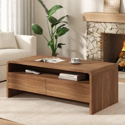 AMERLIFE 39.4" Wood Coffee Table with Storage & Rounded Edges | Wood-grain Finish, 2 Drawers and Open Shelf, Modern Living Room Table, Sofa Center Table[TikTokShopFallDealsForYou]