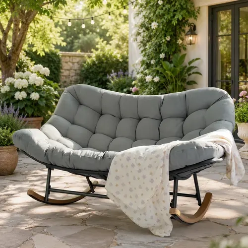 Oversized 2-Person Papasan Patio Furniture Chair - Outdoor Rocking Chair with Heavy-Duty Metal Frame, Gentle Motion, Thick Cushion, Curved Seat, 660lb Weight Capacity for Yard