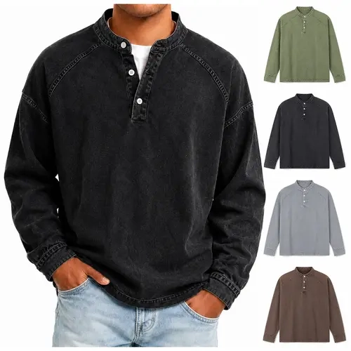 Gihuo Men's Cotton Henley Shirt, Vintage Acid Washed Long Sleeve Tee, Relaxed Fit Non-Stretch Shrink-Resistant Retro Streetwear Top