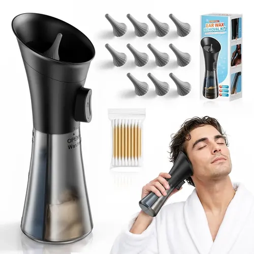 Manual 1 Handed Earwax Removal Set with Water Irrigation, 2 in 1 Drainage Tank, 3 Nozzle Attachments, Safe Ear Cleaner for Adults and Children