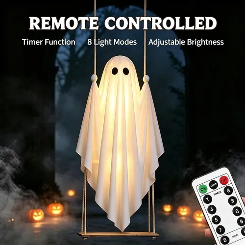 5FT Waterproof Wooden Frame Ghost-Shape Halloween Artificial Hanging Ornament, Pre-Assembled Swing with Remote-Controlled Lantern Lights, 3.7FT Tall Outdoor Halloween Decor for Porch Courtyard Decoration