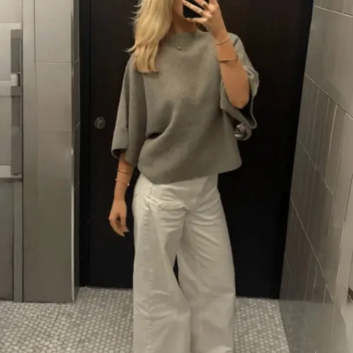 Women's Casual Loose-Fitting Knit Sweater, Light One-Shoulder Design, Seven-Eighth Sleeves, Fall & Winter Fashion, Plain Surface, Knitwear for Fall