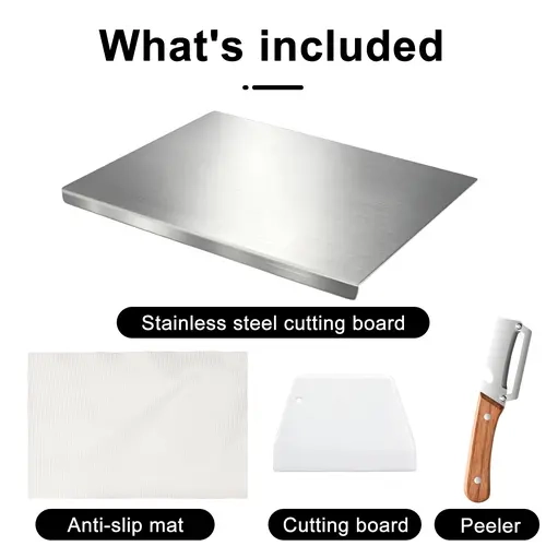 Lipped Stainless Steel Chopping Board Set - Durable, Modern, Rectangular, Reusable, Anti-Scratch, Non-Slip, Knife-Safe Metal Cutting Boards with Peeler & Kneading Mats, 40x30cm/15.7x11.8in, Raised Edges for Meat, Fruits, Lipped Cutting Board