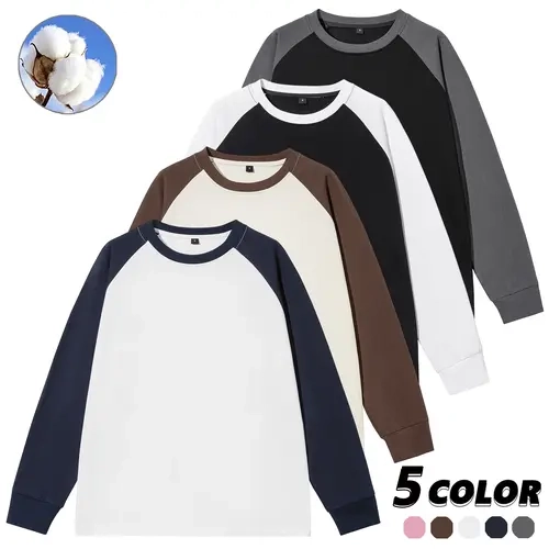 EKF Men’s 100% Cotton Crewneck Raglan Color-Blocked Long Sleeve Tshirt - Basic Stylish Streetwear Top, Classic Paneled Look, Casual Everyday Male Clothing for Students (Matches Jeans, Shorts)