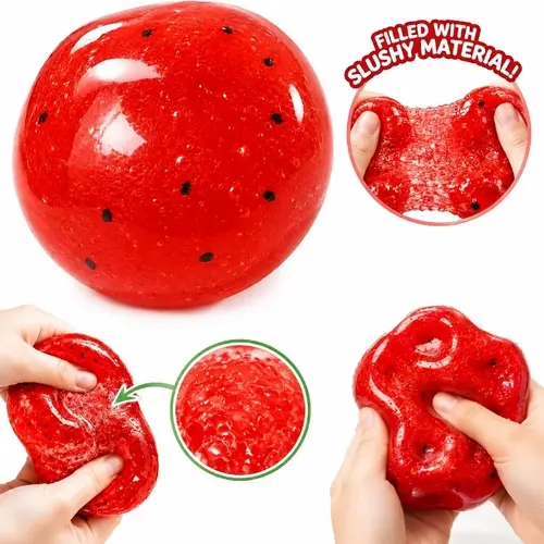 Unisex Watermelon Slushy Crunchy Squishy Ball - TPR Shell Slow Flow Decompression Sensory Fidget Toy, Stretchy Calming Stress Relief Accessory, Summer Cool Kids' Gift Desk Item, Slushy Squishies