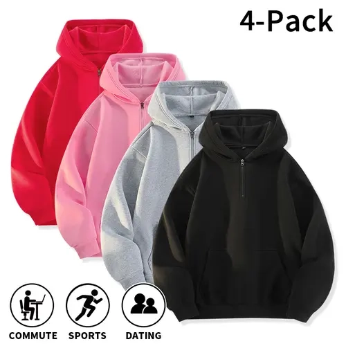 4-Pack Men’s Quarter-Zip Hoodies, Loose Fit with Kangaroo Pocket and Drawstring Hood, for Commuting, Sports, Everyday Wear, and Dates