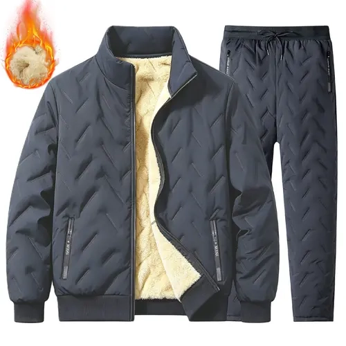 Men’s 2-Piece Solid Polyester Winter Plush-Lined Quilted Clothing Set - Long Sleeve, Fitted Cut Athletic Style, Cold Wind-Blocking, All-Day Warmth for Morning Walks, Daily Commute