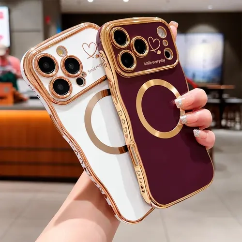 OREKROY Magnetic Case for iPhone 18/17/16/15/14/13/12 Pro Max, Magsafe-Compatible, Curly Wave Plating Frame Cute Love Heart Casing, Full Camera Lens Protection Soft Durable TPU Shockproof Phone Cover