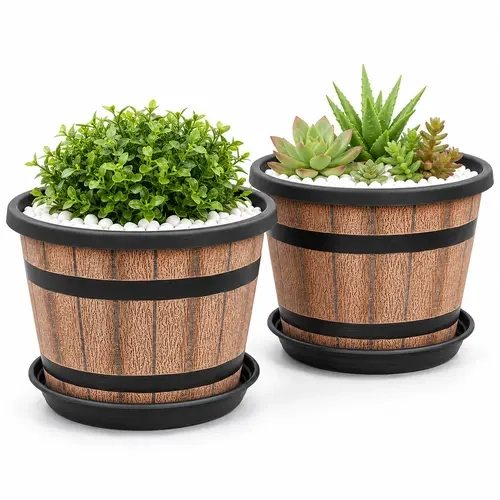 2-Pack Rustic Plastic Barrel Garden Planters with Matching Saucers, 4L Lightweight Pots with Drainage Holes for Indoor/Outdoor Green Plants, Succulents