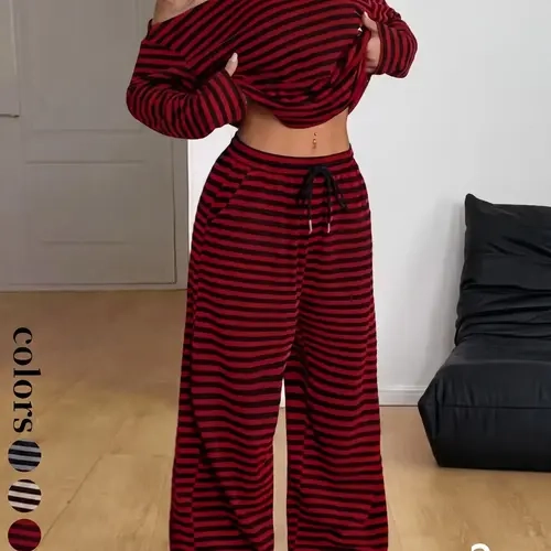 Women's 2-Piece Striped Casual Streetwear Set, Long-Sleeve Crop Top and Wide-Leg Pants with Pockets for Daily Wear, Comfortable Sportswear