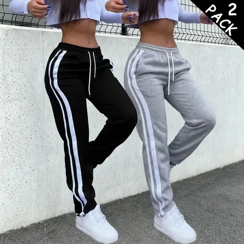 Women's 2-Pack Striped Loose-Fit Polyester Full-Length Athletic Pants, Stylish Comfortable Sportswear Bottoms for Casual Everyday Wear