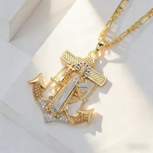 St. Jude Thaddeus Anchor Cross Pendant Spiritual Jewelry, 14K Gold-Plated Figaro Chain Necklace for Daily Wear