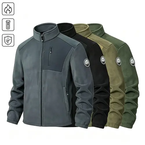 Men's Warm Fleece Fashion Jacket - Autumn Winter Regular Fit Outerwear, Outdoor Casual Stand-Collar, Double-Sided Polyester Plain Top, Zip Pockets, Machine Wash Menswear Coat