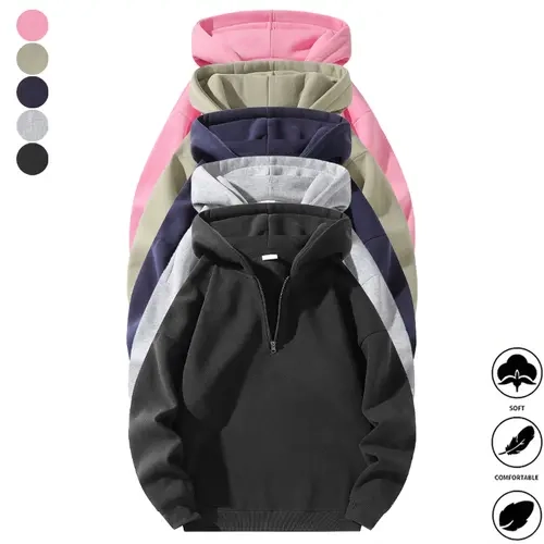 Men’s soft half-zip hoodie, solid-color half-zip pullover hoodie, loose fit, comfortable casual street-style hoodie