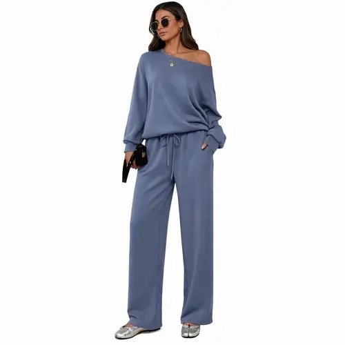 Women's Casual 2-Piece Loungewear Set Gifts  - Oversize Sloping Shoulder Long Sleeve Solid Scoop Neck Top & Wide Leg Trousers, Soft Relaxed-Fit Outfit for Daily Lounging, 2 Piece Sets, Women 2 Piece Sets