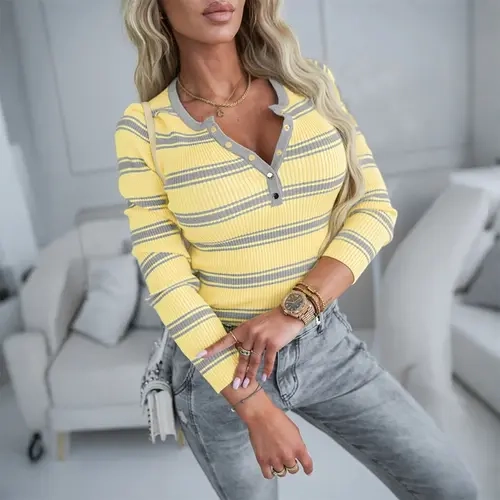 CHICME Women's Striped Ribbed Knit Top Slim Fit Long Sleeve Henley Shirt Gold Button Pullover